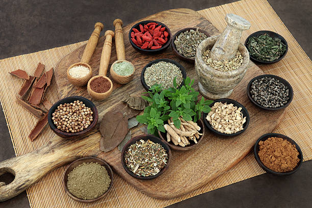 Herbs and Spices for Mens Health Herb and spice health food selection for men in wooden bowls and spoons. Used in natural alternative herbal medicine. saw palmetto stock pictures, royalty-free photos & images