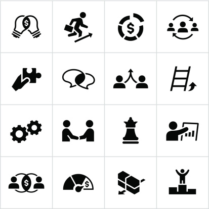 Business strategy icons/concepts. All white strokes/shapes are cut from the icons and merged allowing the background to show through.