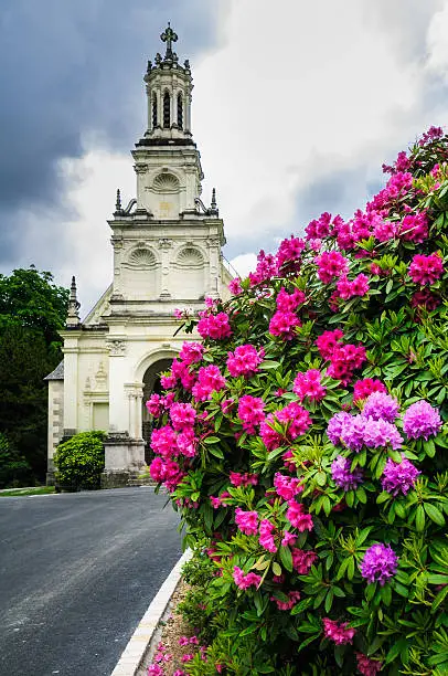 Colorful  rhododendron bushes of various colors from pink to red line the walkway leading to the small Chambord Chapel