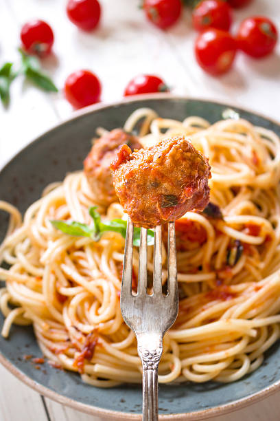 istock Spaghetti with meatballs and tomato sauce on a plate 505124402