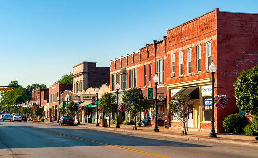 Bedford, OH, USA - July 25, 2015: The main street of this small Cleveland suburb features many old buildings over a century old.