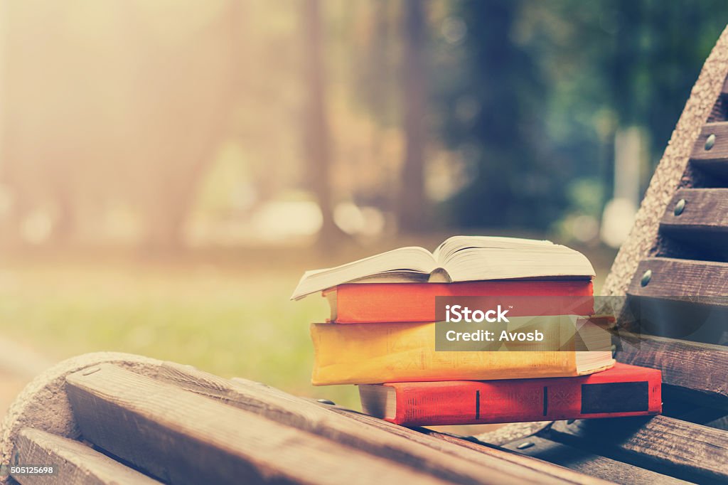 Stack of hardback books and Open book lying on bench Stack of hardback books and Open book lying on bench at sunset park against blurred nature backdrop. Copy space, back to school. Education background. Toned image. Book Stock Photo