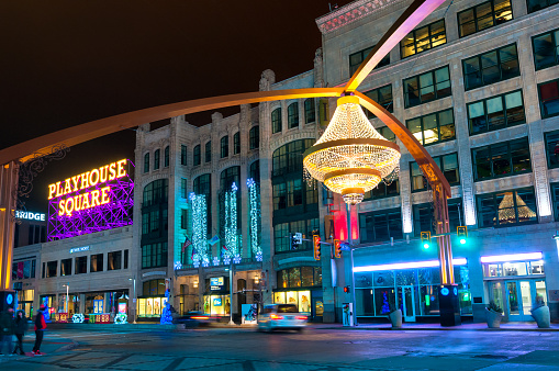 Cleveland, OH, USA - January 1, 2016: One of Cleveland's splashiest new landmarks is the giant chandelier suspended above Euclid Avenue in the center of the theater district, Playhouse Square.