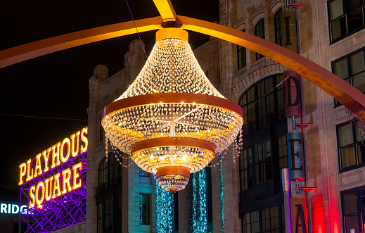 Cleveland, OH, USA - January 1, 2016: One of Cleveland's most popular new landmarks is the GE chandelier suspended above Euclid Avenue in the center of the theater district, Playhouse Square.