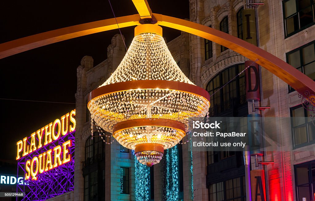 Giant outdoor chandelier Cleveland, OH, USA - January 1, 2016: One of Cleveland's most popular new landmarks is the GE chandelier suspended above Euclid Avenue in the center of the theater district, Playhouse Square. Playhouse Stock Photo