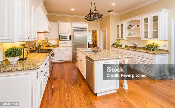 Beautiful Custom Kitchen Interior Stock Photo - Download Image Now - Kitchen, Flooring, Hardwood