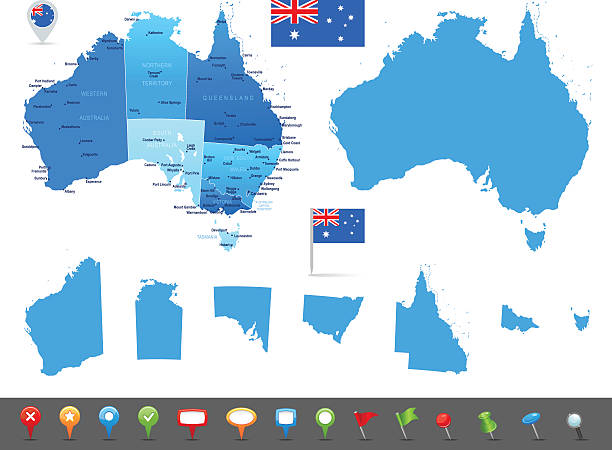 ilustraciones, imágenes clip art, dibujos animados e iconos de stock de mapa de australia-estados, las ciudades y los iconos de navegación - australia map