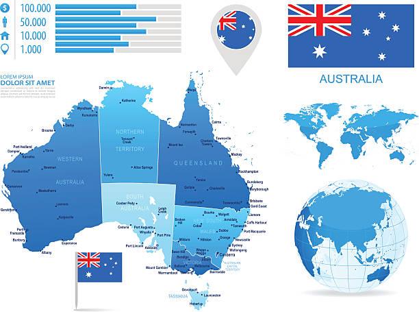 Australia - infographic map - Illustration Vector maps of Australia with variable specification and icons australia cartography map queensland stock illustrations