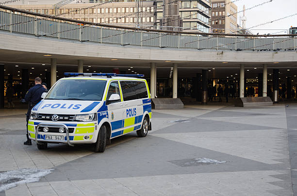 Swedish police van in the center of Stockholm stock photo