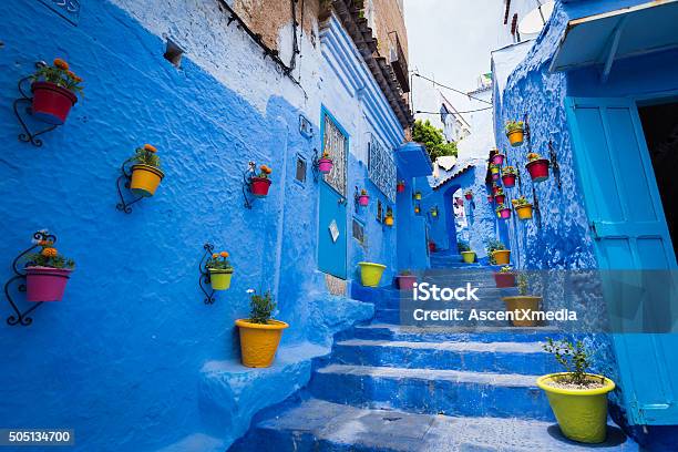 Alleyway In Chefchaouen Morocoo Stock Photo - Download Image Now - Morocco, Chefchaouen, Multi Colored