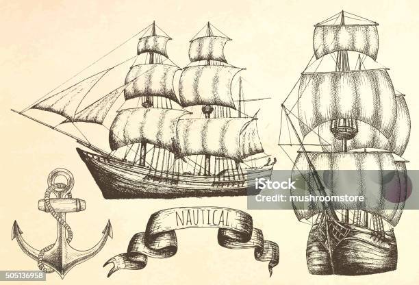 Vintage Ship Items On The Marine Theme Stock Illustration - Download Image Now - Drawing - Activity, Nautical Vessel, Old