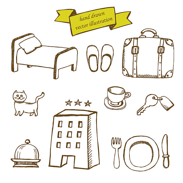 hand drawn set of icons for hotel service vector hand drawn set of icons for hotel service drawing of the hotel reception stock illustrations