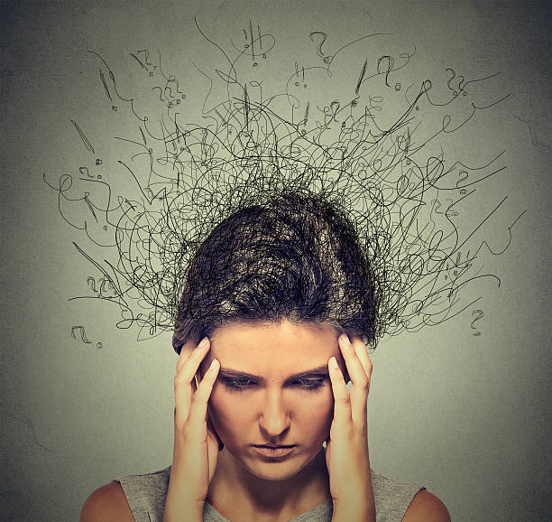 istock Woman with worried stressed face expression brain melting into lines 505138830