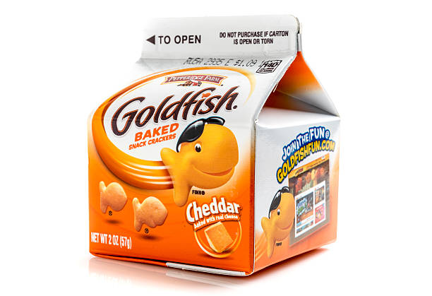 Goldfish baked snack crackers Miami, Florida, USA - May 27, 2015: 2 Ozs Carton Container of Pepperidge Fram Goldfish baked snack cheddar flavored crackers on white background. Pepperidge Farm is a commercial bakery in the U.S. founded in 1937 by Margaret Rudkin, who named the brand after her family's property in Fairfield, Connecticut, which in turn was named for the pepperidge tree, Nyssa sylvatica. It is based in Norwalk, Connecticut. In 1961, it was acquired by Campbell Soup Company. goldfish snack stock pictures, royalty-free photos & images