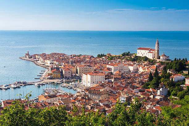 malerische altstadt piran-slowenien. - town village panoramic green stock-fotos und bilder