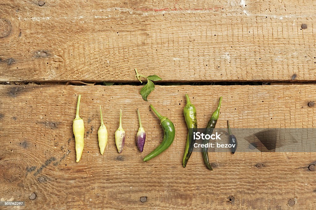 Hot peppers Image of different types of hot chili peppers on wooden table Chili Pepper Stock Photo