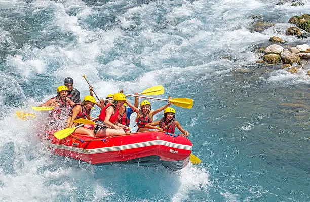 Group of people rafting on Koprulu Canyon near Antalya, Turkey