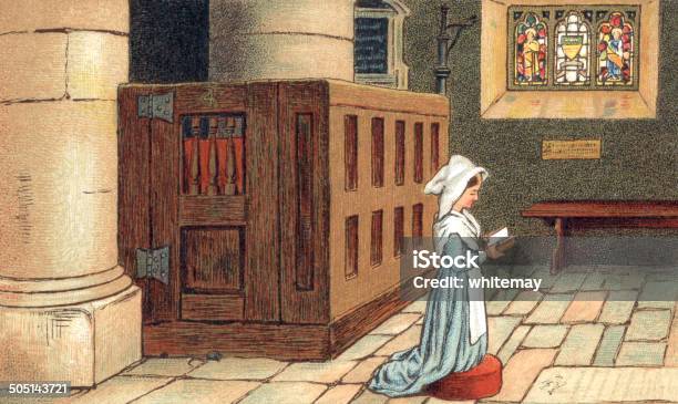 Молиться В Церкви — стоковая векторная графика и другие изображения на тему Женщины - Женщины, Монахиня, 1880-1889