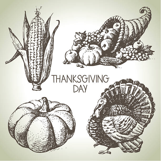 Thanksgiving Day set Hand drawn vintage illustrations cornucopia stock illustrations