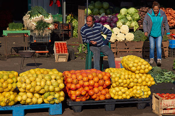 Santiago, Сhile - July 24, 2014: Fresh fruit and vegetables for sale in La Vega, the historic central market in Santiago, capital of Chile. As well as fruit and vegetables, La Vega also sells meat, poultry, fish, dairy produce and has a range of excellent cafes selling local dishes.