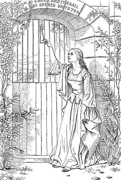 Mercy At The Wicket Gate Engraving from 1892 showing a woman at the wicket gate. gates of heaven drawing stock illustrations