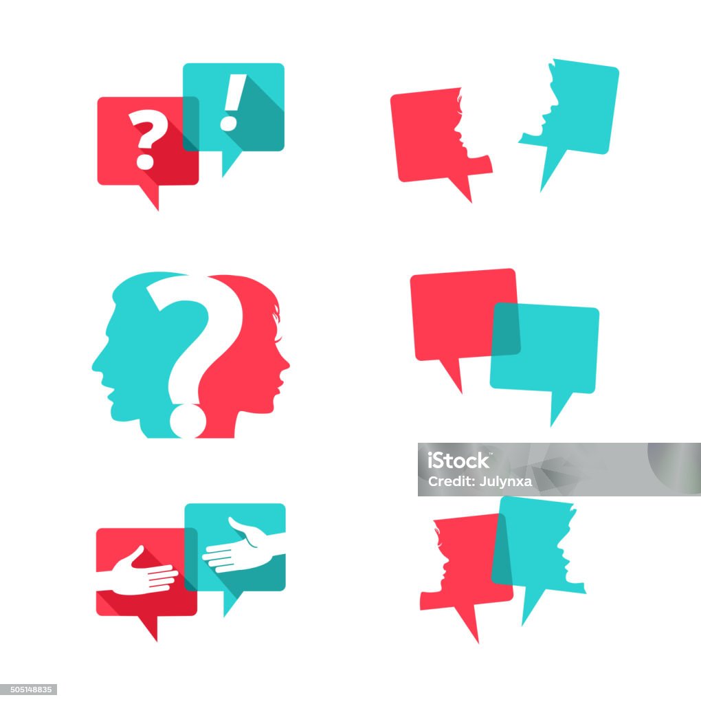 Set of speech bubbles with people and question mark Set of speech bubbles with people faces, handshake and question mark Discussion stock vector