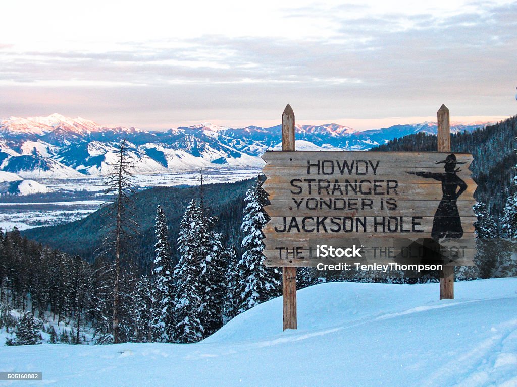 Jackson Hole Sign- Winter the Jackson Hole welcome sign atop Teton Pass Jackson Hole Stock Photo