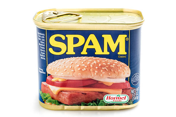 SPAM Miami, Florida, USA- May 27, 2015: A 12 ounces can of Clasic SPAM isolated on a white background. Spam stands for Spiced Pork and Ham, which is a canned precooked meat product. It is made by the Hormel Foods Corporation and was introduced in 1937. spam stock pictures, royalty-free photos & images