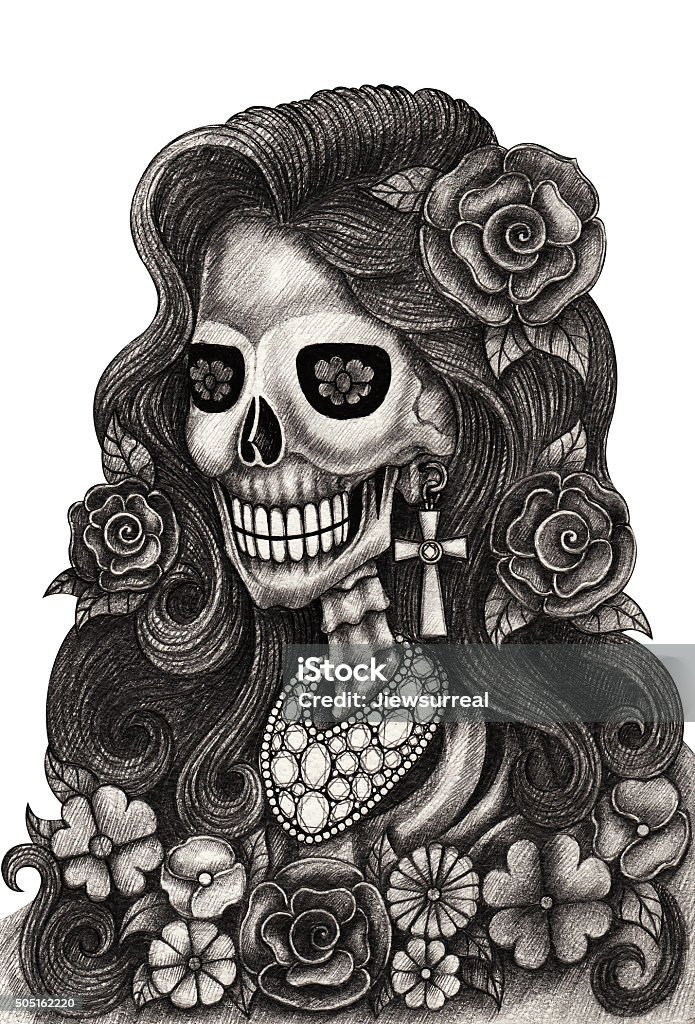 Art skull day of the dead. Art design women skull fashion jewelry action smiley face day of the dead festival hand pencil drawing on paper. Anthropomorphic Smiley Face stock illustration