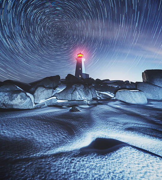 Frozen in Time Earth's axis is revealed high above the frozen landscape surrounding Peggy's Cove Lighthouse. Long exposure with light painting. lighthouse vacation stock pictures, royalty-free photos & images