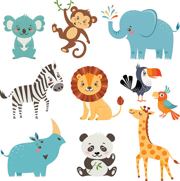 Funny animals Set of cute animals isolated on white background zebra stock illustrations