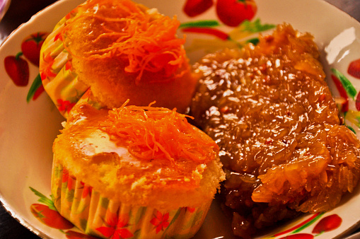 Closed up Kanom Tuay Fu and Thai festive dessert