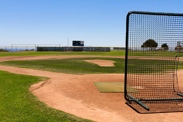 istock Baseball Field by the Pacific Ocean with a practice net 505163946