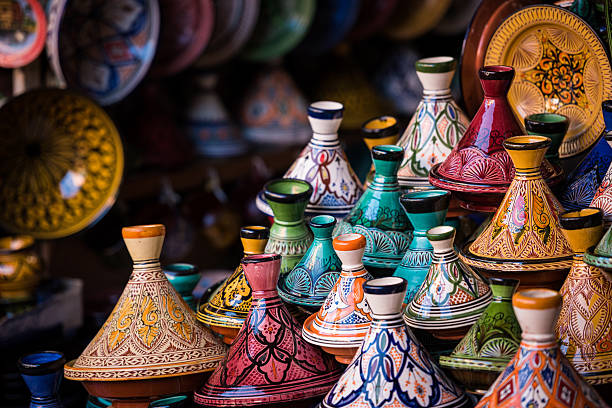 assorted moroccan tajines en un souk - marrakech fotografías e imágenes de stock