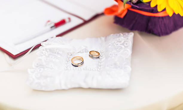 istock gold wedding rings on the pincushion 505164894