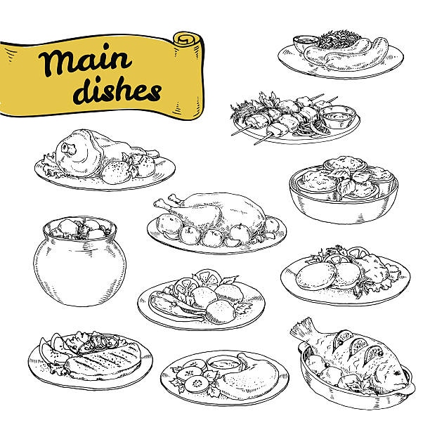 illustrazioni stock, clip art, cartoni animati e icone di tendenza di illustrazione vettoriale set di piatti per il design di ristoranti - piatto stoviglie illustrazioni