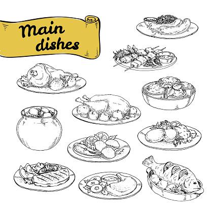 vector illustration set of main courses for design of restaurants