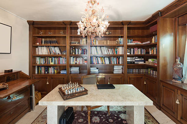 interior, office in classic style - office bookshelf stok fotoğraflar ve resimler