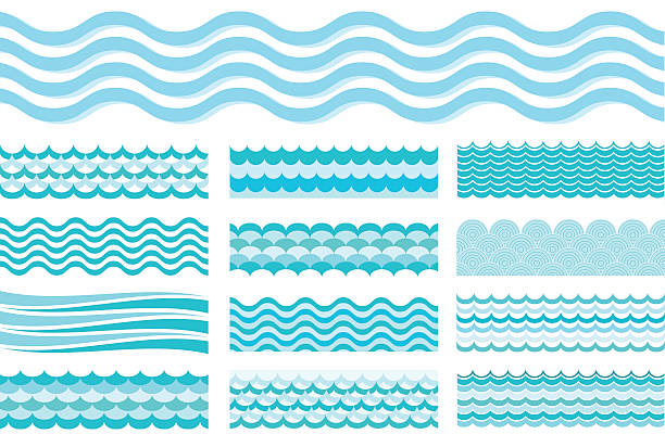 sammlung von marine wellen. wellenlinien meer, ocean art-design. - surface level illustrations stock-grafiken, -clipart, -cartoons und -symbole