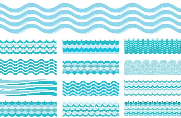 Vector illustration of Collection of marine waves. Sea wavy, ocean art water design.