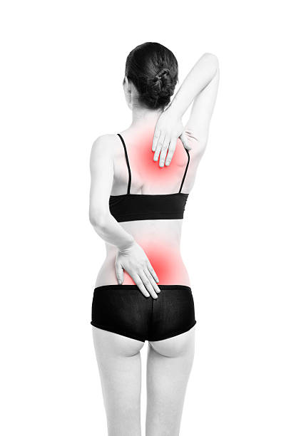 istock Woman with backache isolated on white background 505171914