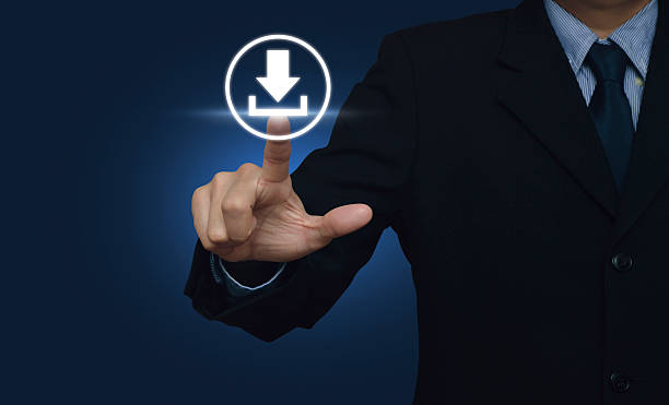 istock Businessman hand pushing button web download icon over blue background 505174452