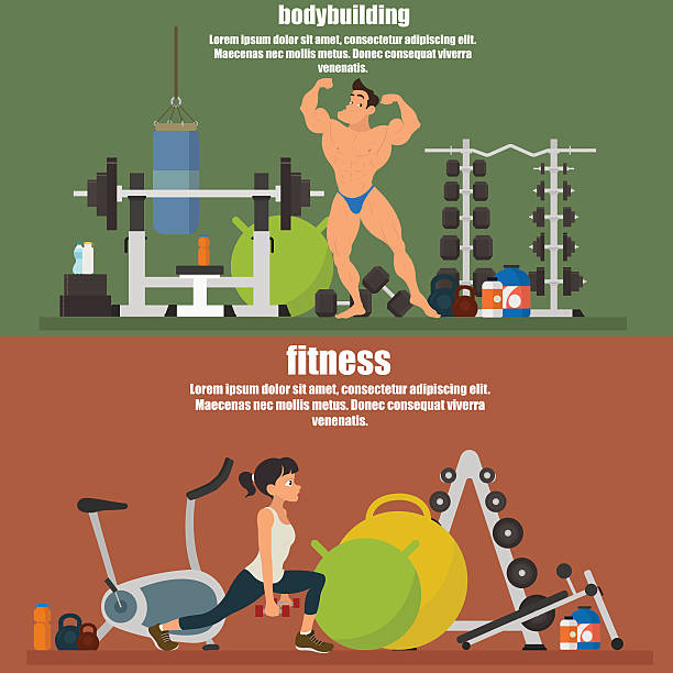 horizontal banners - bodybuilding and fitness horizontal banners - bodybuilding and fitness. vector illustration. gym backgrounds stock illustrations
