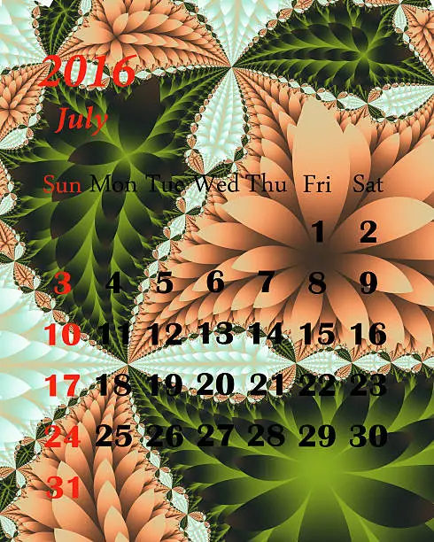 Photo of 2016. July. Calendar with beautiful fractal pattern.