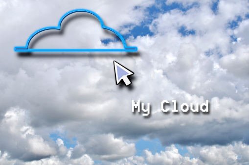 A digital storage cloud on background of clouds. Copy space and the word 