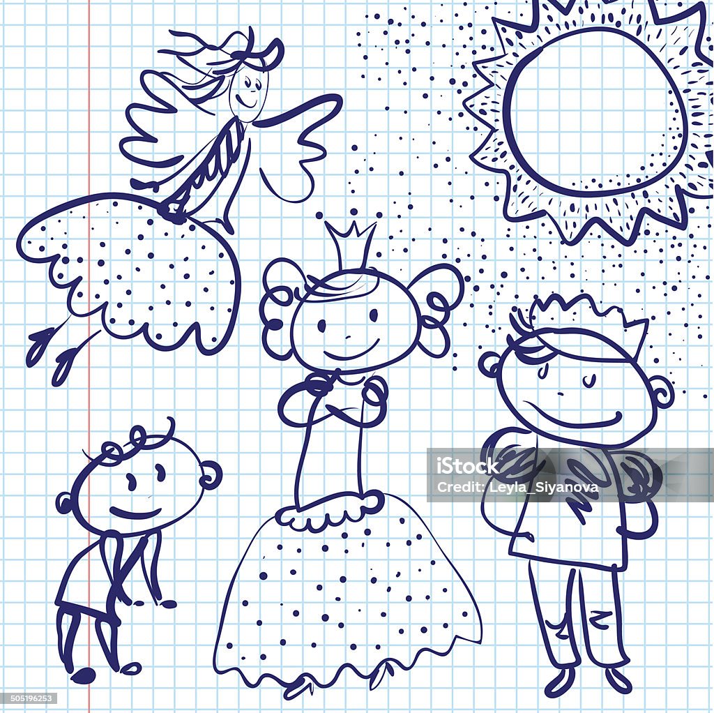 little princess, prince and fairy drawn on paper little princess, prince and fairy drawn on sheet of paper Baby - Human Age stock vector