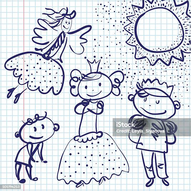 Little Princess Prince And Fairy Drawn On Paper Stock Illustration - Download Image Now - Baby - Human Age, Drawing - Activity, Fantasy