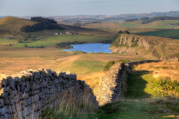 Hadrians Wall near Housesteads on a cold and frosty morning in winter time in Northumberland