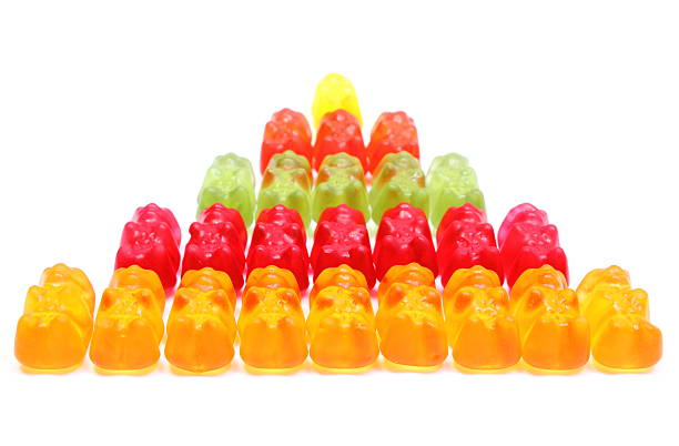 Stack of colorful haribo bear candies. White background