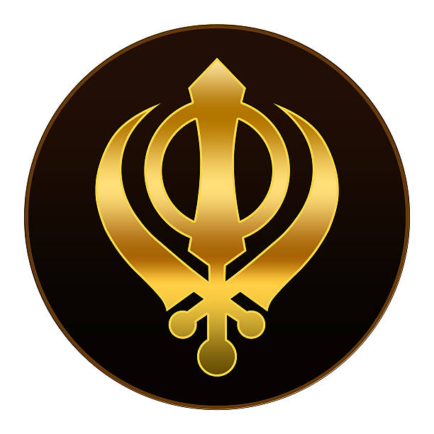 sikh simbolo-simbolo dorato su sfondo scuro - khanda foto e immagini stock